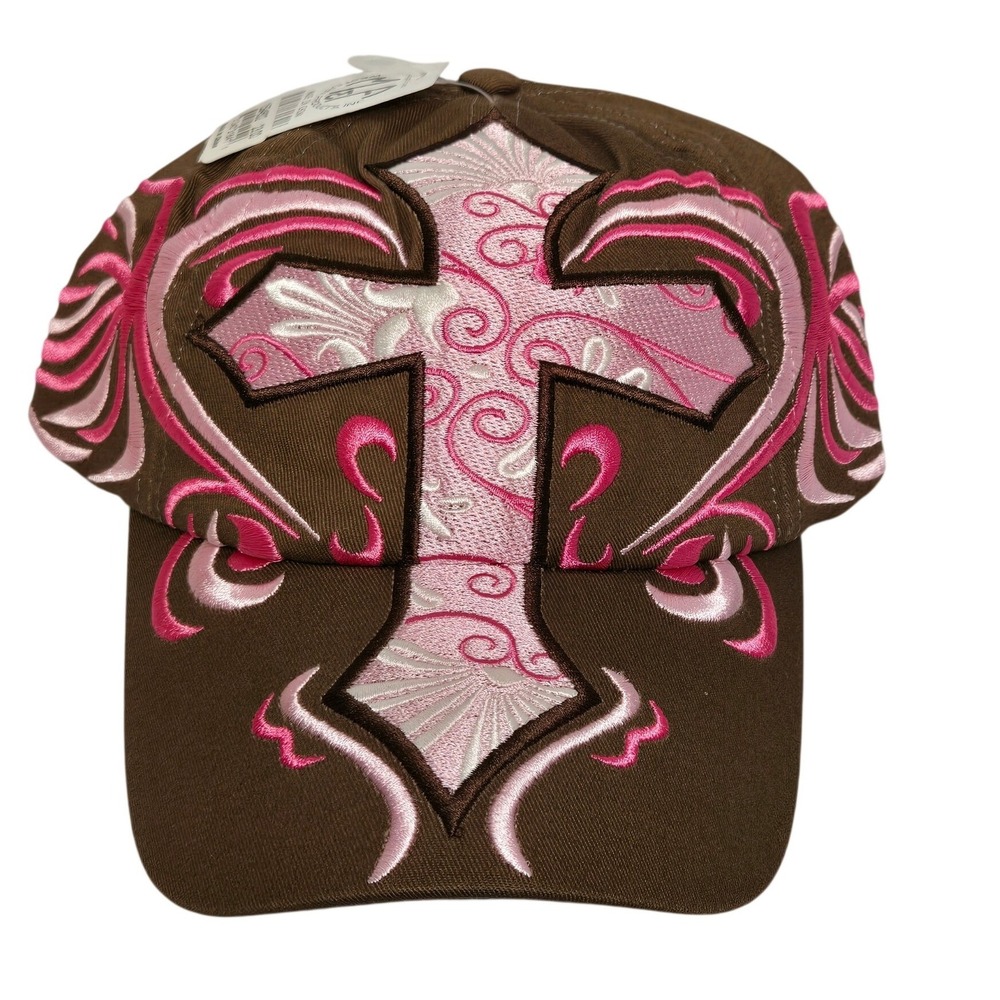 M&F Western Products Womens Brown Pink Embroidered Cross Baseball Cap Hat NWT
